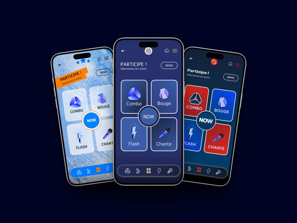 Trois smartphone montrant les déclinaisons de styles que peut prendre l'application