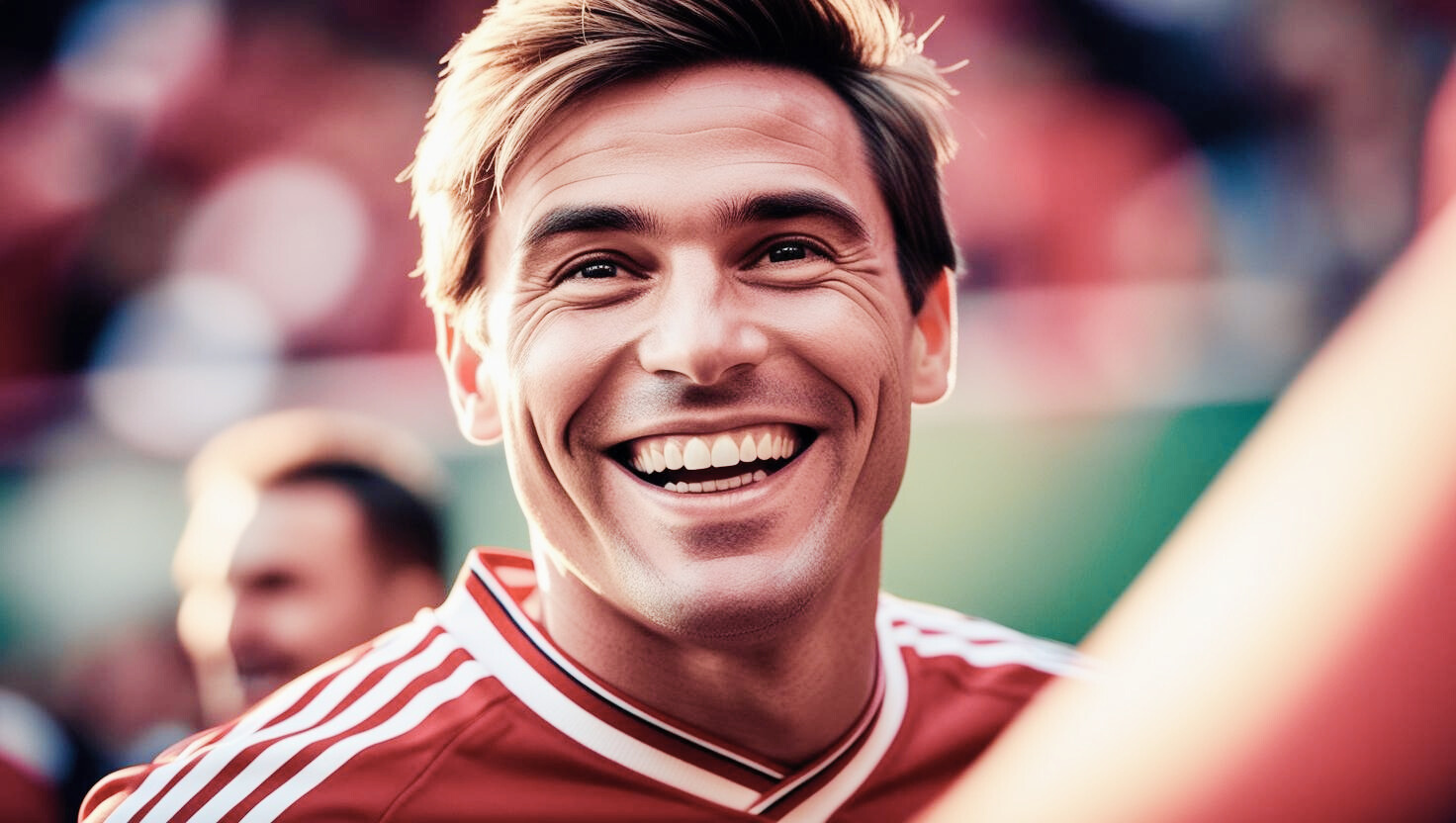 image d'un homme souriant et portant un maillot de foot