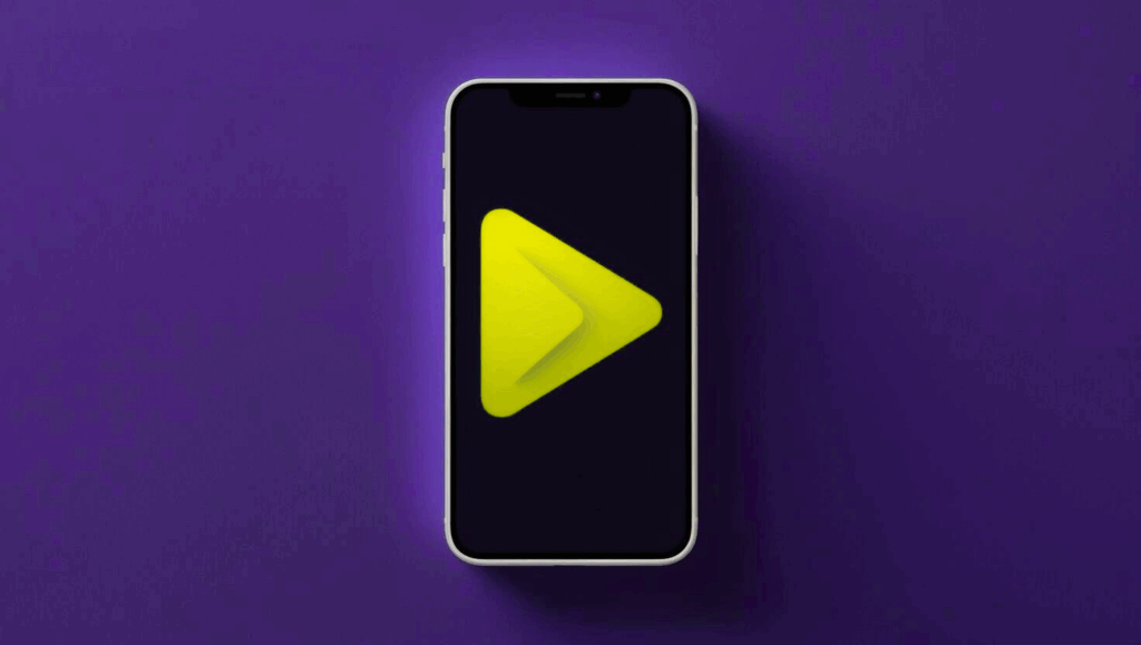 Smartphone violet avec un play jaune dedans